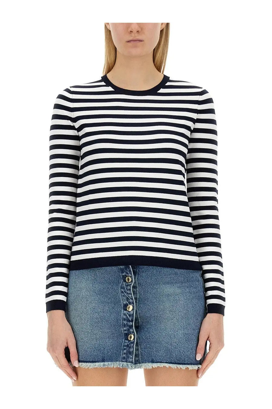 Michael kors women’s striped shirt multicolor black and white horizontally striped long-sleeved knit sweater with round neckline