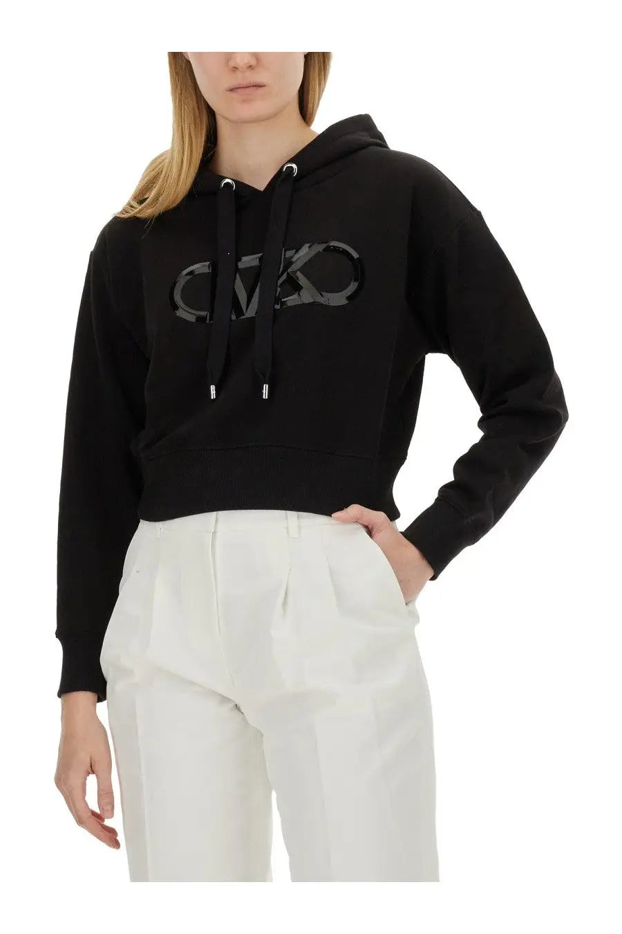 Michael Kors women’s black cropped hoodie with reflective logo and silver drawstrings for casual wear
