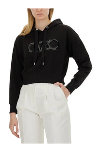 Michael Kors women’s black cropped hoodie with reflective logo and silver drawstrings for casual wear