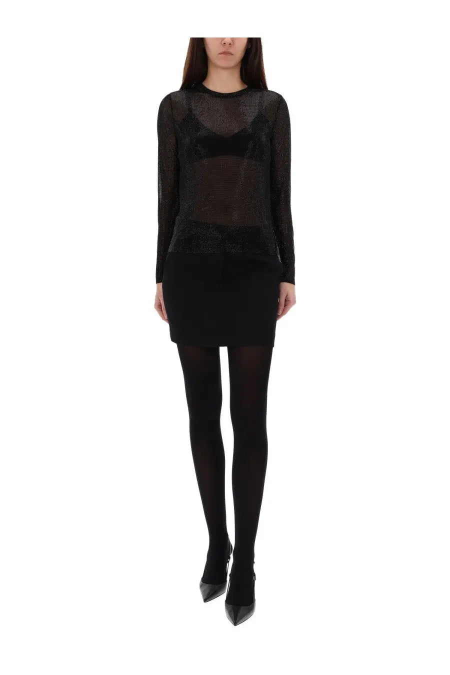 Michael Kors women’s top black sheer long-sleeved dress with fitted silhouette and subtle textured pattern
