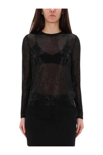 Michael Kors women’s black sheer long-sleeved top with subtle shimmering texture and lightweight fabric