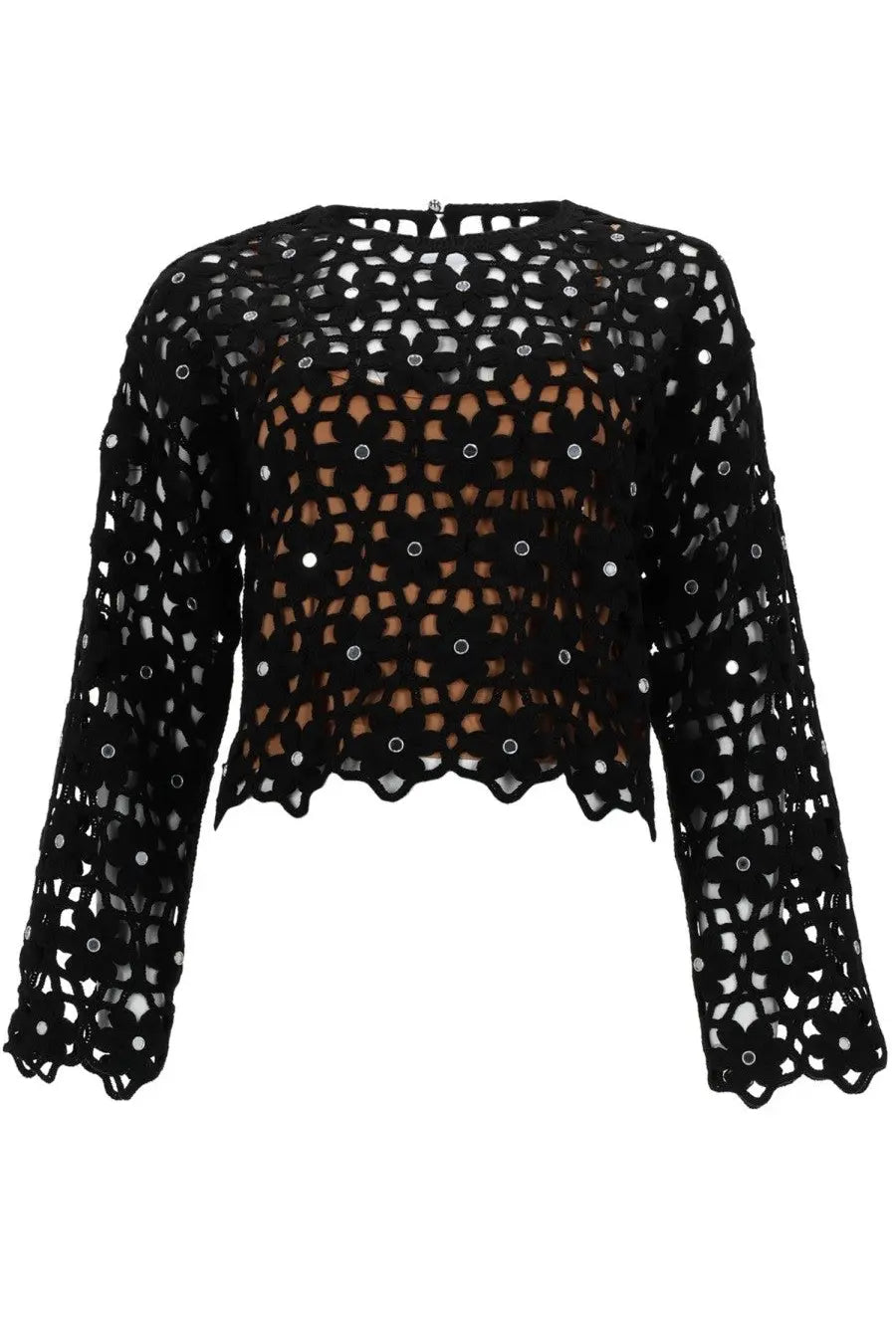 Michael Kors women’s black crochet lace crop top with intricate floral patterns and silver sequins