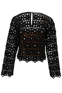 Michael Kors women’s black crochet top with floral lace patterns and silver sequins perfect for evening wear