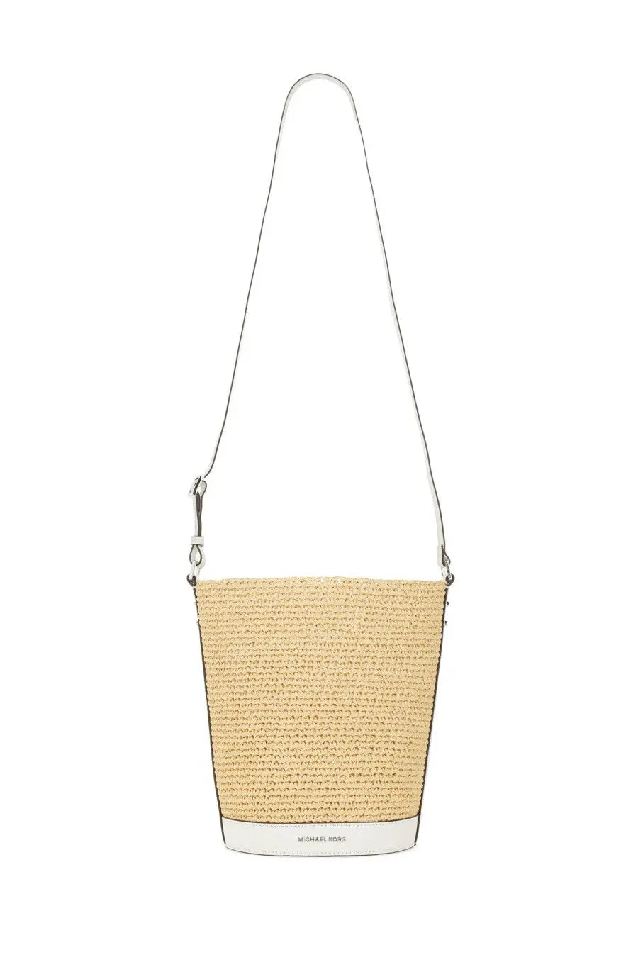 Michael Kors women’s Townsend shoulder bag beige woven straw bucket bag with white base and silver-tone hardware