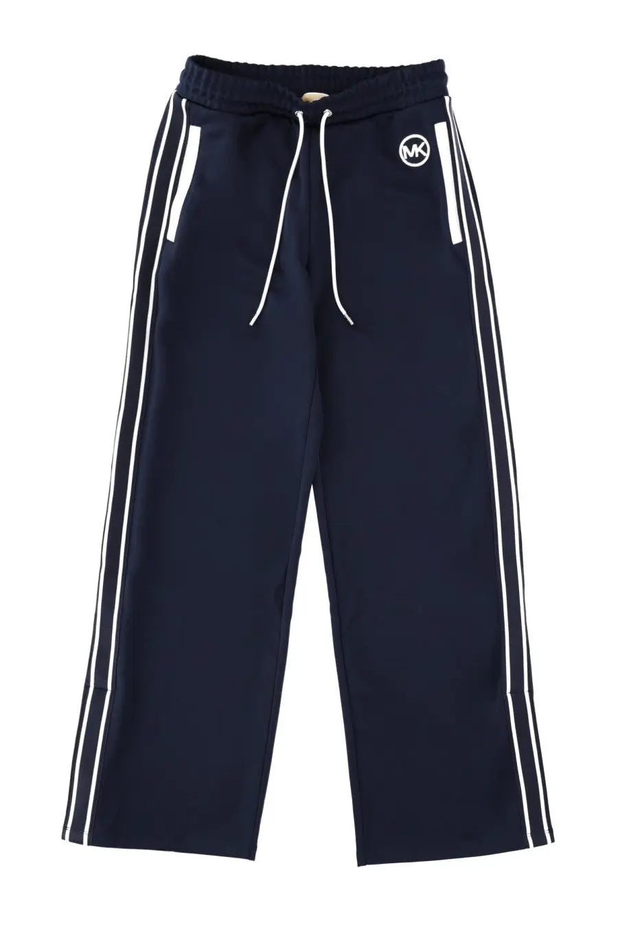 Michael Kors women’s navy blue tracksuit pants with white side stripes and matching drawstring waistband