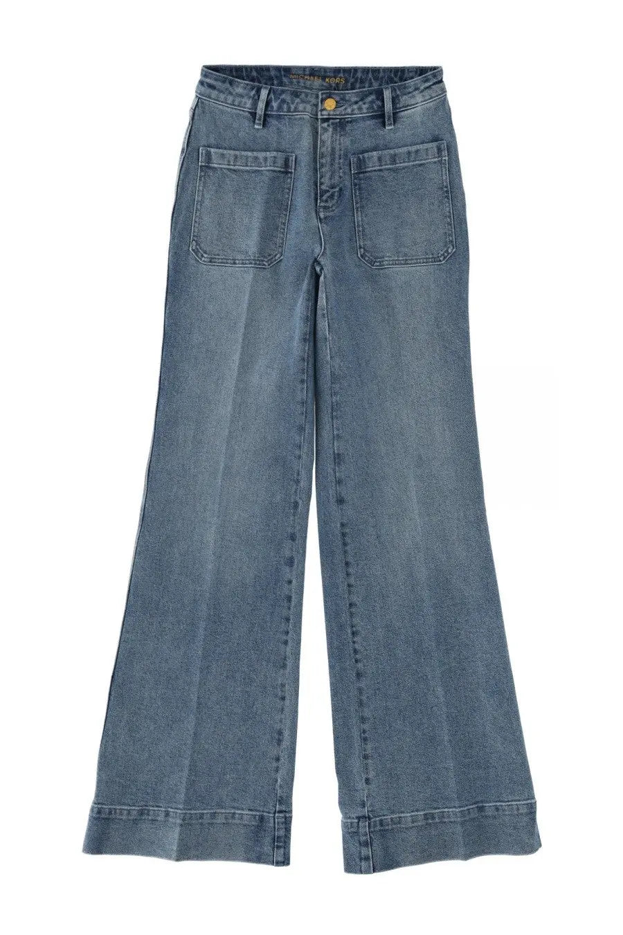 Michael Kors women’s violette blue denim high-waisted flared jeans with double front pockets and gold-tone button closure