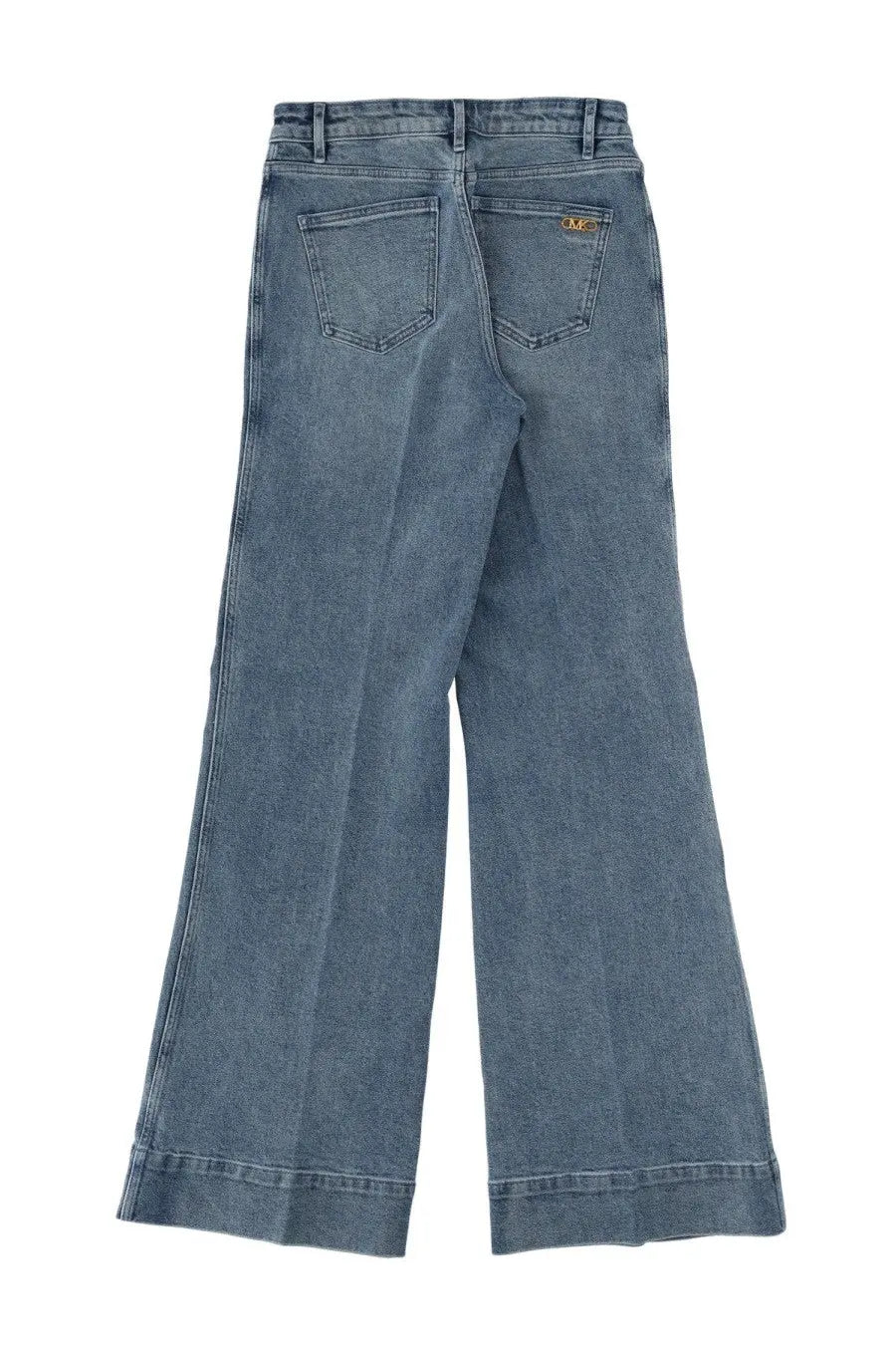Back side of michael kors women’s violette light-wash denim flare jeans with classic pockets and subtle stitching details