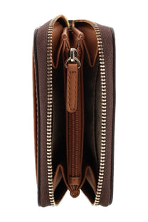 Michael Kors women’s brown leather wallet with gold-toned zippers and a central pull tab