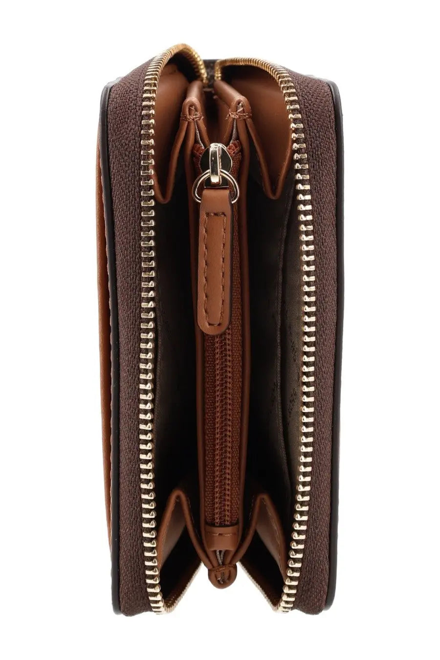 Michael Kors women’s brown leather wallet with gold-toned zippers and central pull tab for secure storage