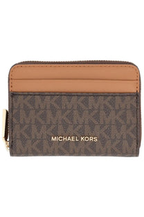 Michael Kors women’s brown wallet with tan monogram pattern and gold-tone zipper pull on the main body