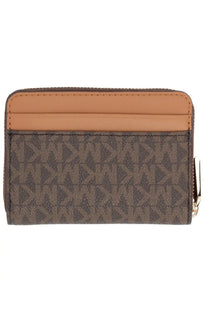 Michael Kors women’s wallet brown with tan monogram pattern and gold-tone zipper pull in leather material