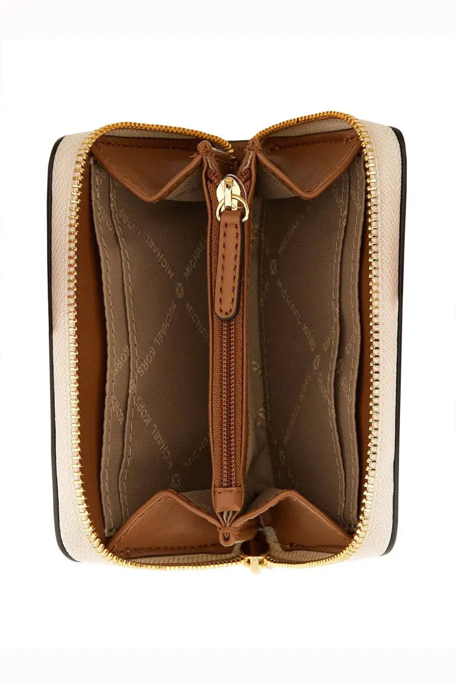 Beige and brown leather Michael Kors women’s wallet with gold-tone zipper hardware in pink product line