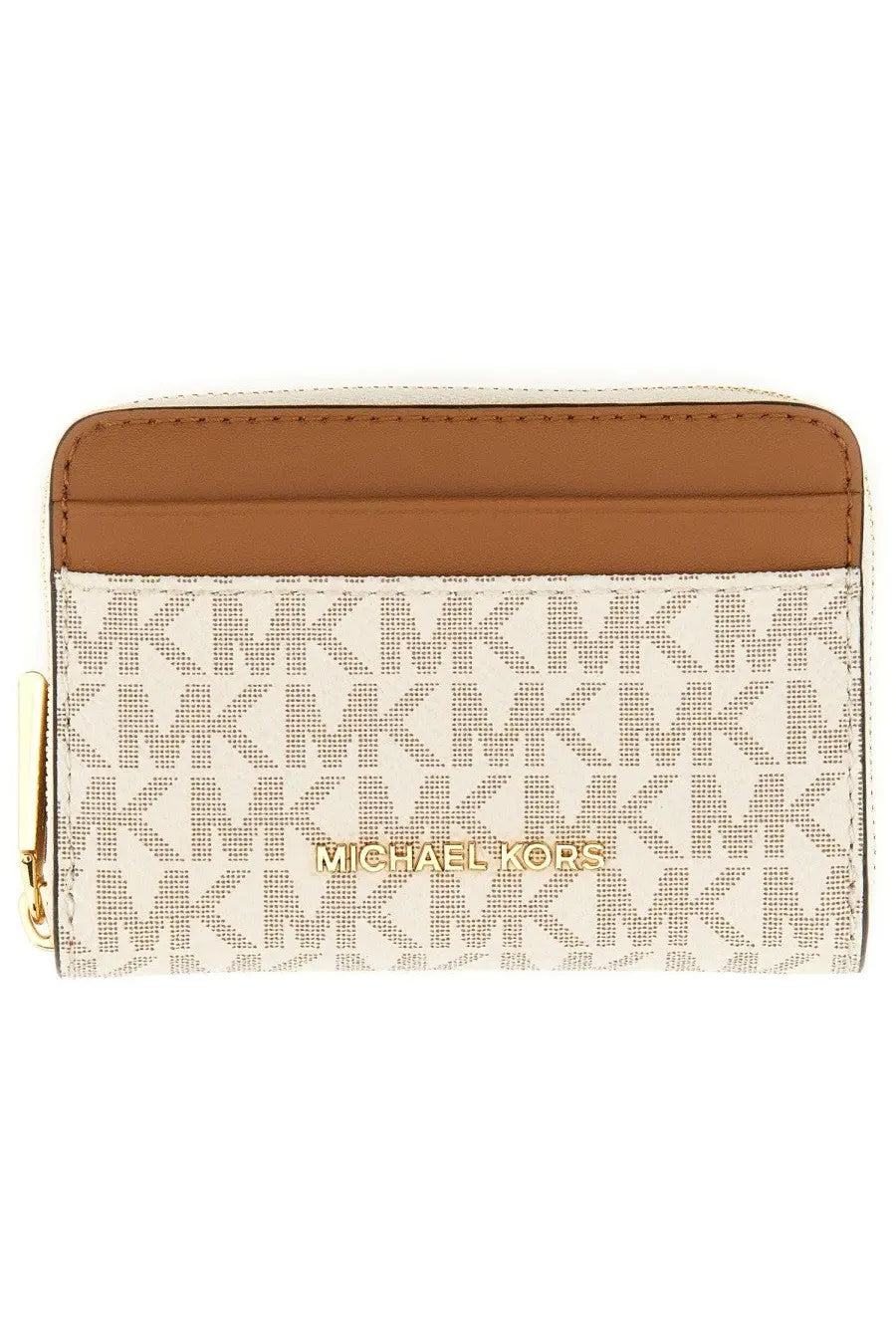 Beige and tan michael kors women’s wallet with repeating monogram pattern and gold-tone hardware in pink