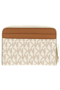 Beige and tan michael kors zippered wallet with repeating monogram pattern for women in pink collection