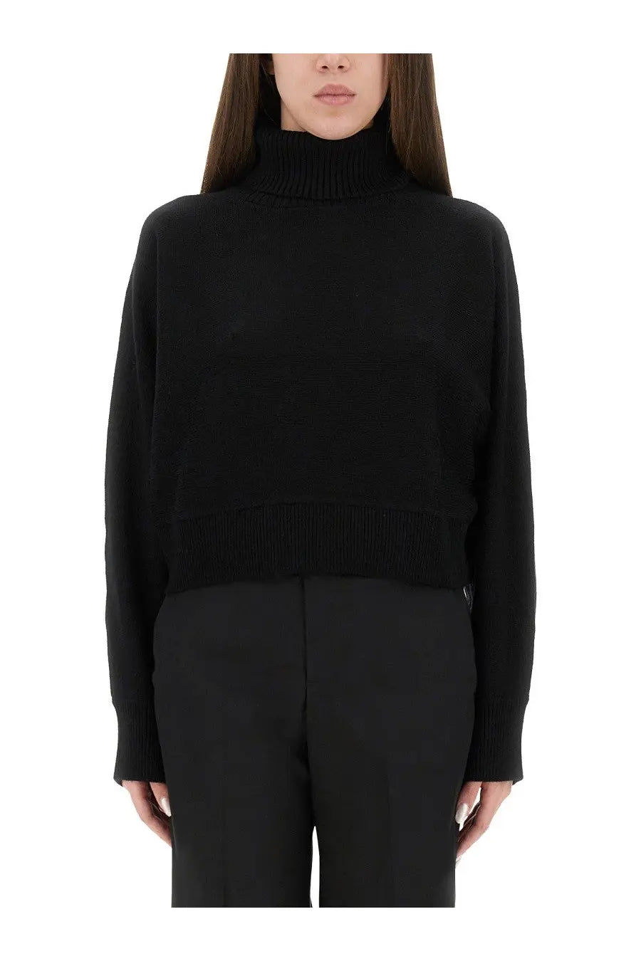 Michael Kors women’s black wool jersey high-neck cropped knit sweater with ribbed cuffs and hem