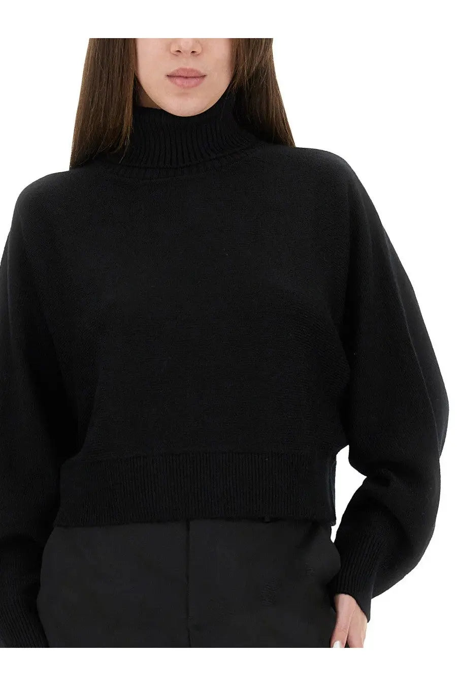 Michael Kors women’s black wool jersey high-neck cropped sweater with ribbed cuffs and hem