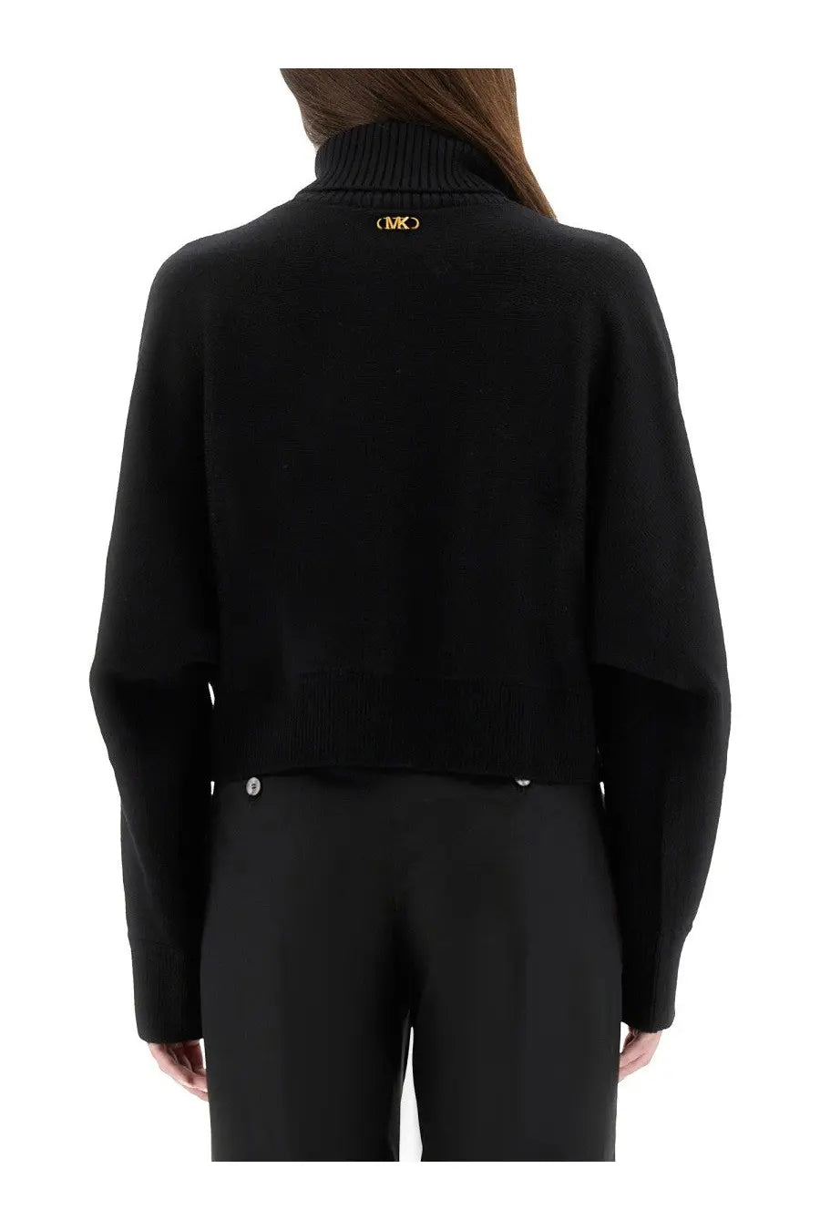 Black michael kors wool jersey turtleneck cardigan showing gold logo at the back of the neck