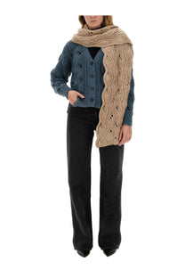 Beige knitted scarf with intricate cable knit pattern paired with mila schön women’s alpaca cardigan blue