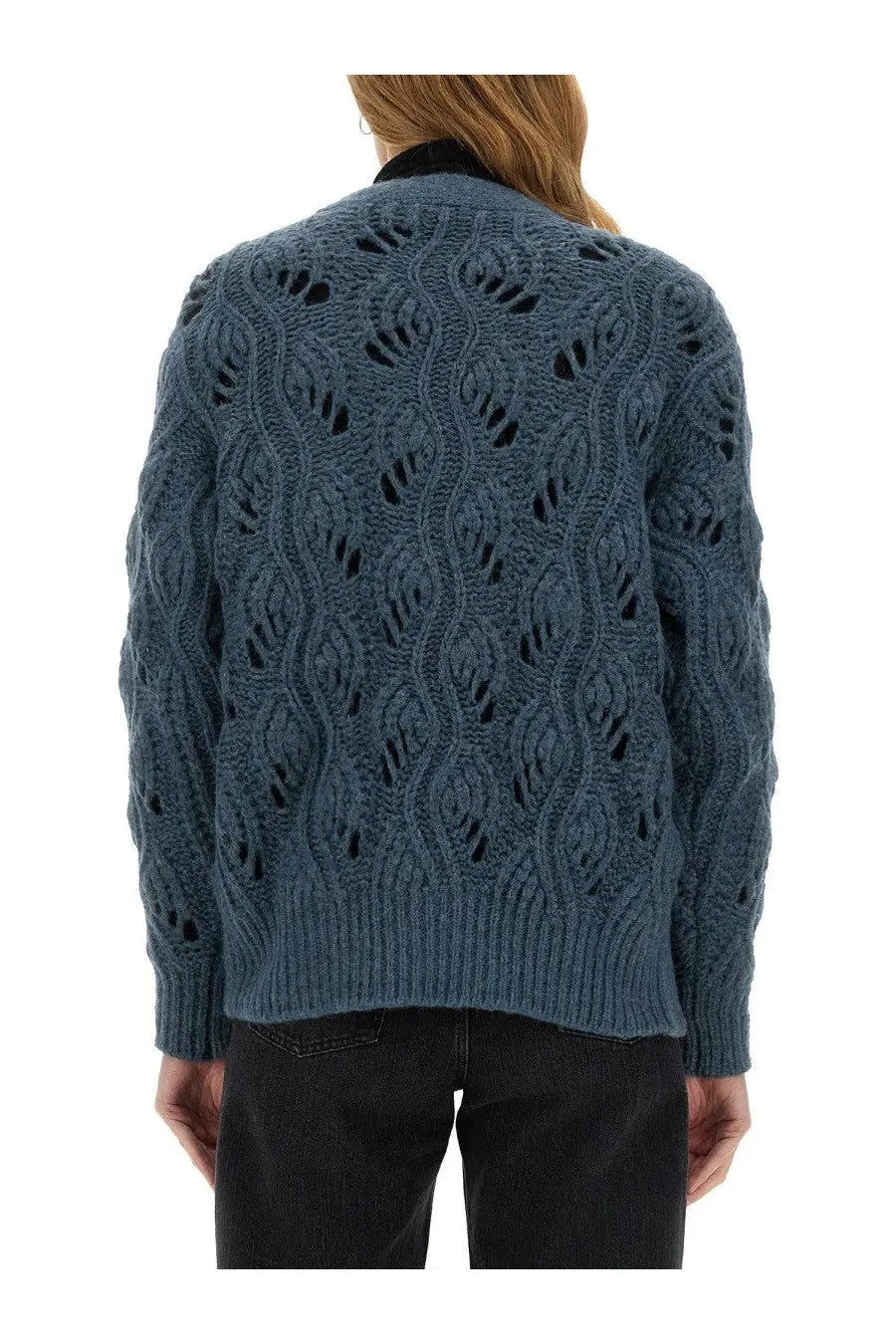 Mila schön women’s alpaca cardigan in deep teal with textured cable knit and openwork details