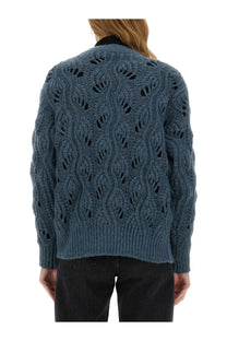 Mila schön women’s alpaca cardigan in deep teal with textured cable knit and openwork details
