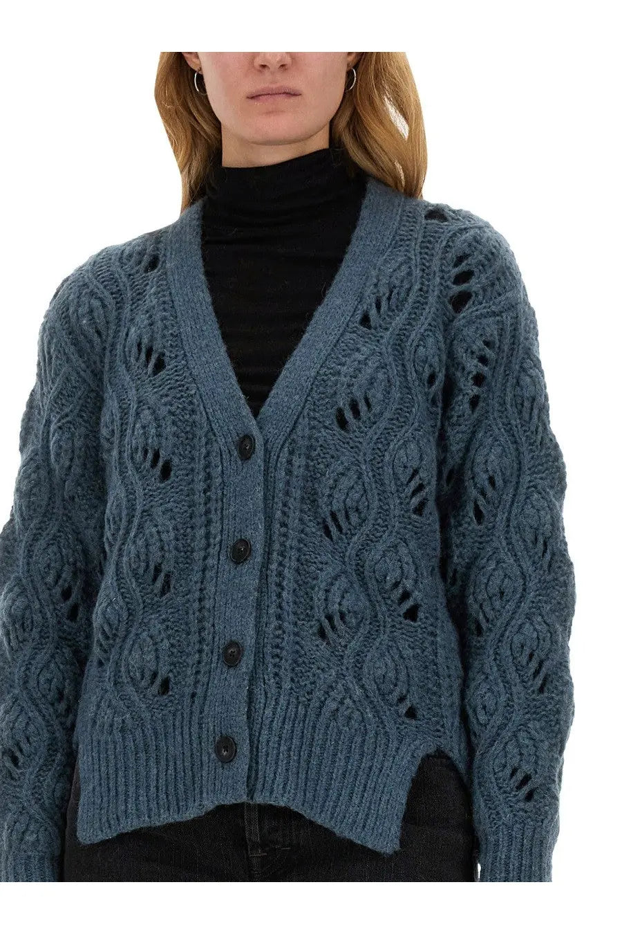 Mila schön women’s alpaca cardigan in slate blue with textured cable knit and intricate lace-like patterns and dark buttons