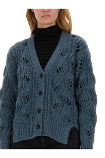 Mila schön women’s alpaca cardigan in slate blue with textured cable knit and intricate lace-like patterns and dark buttons