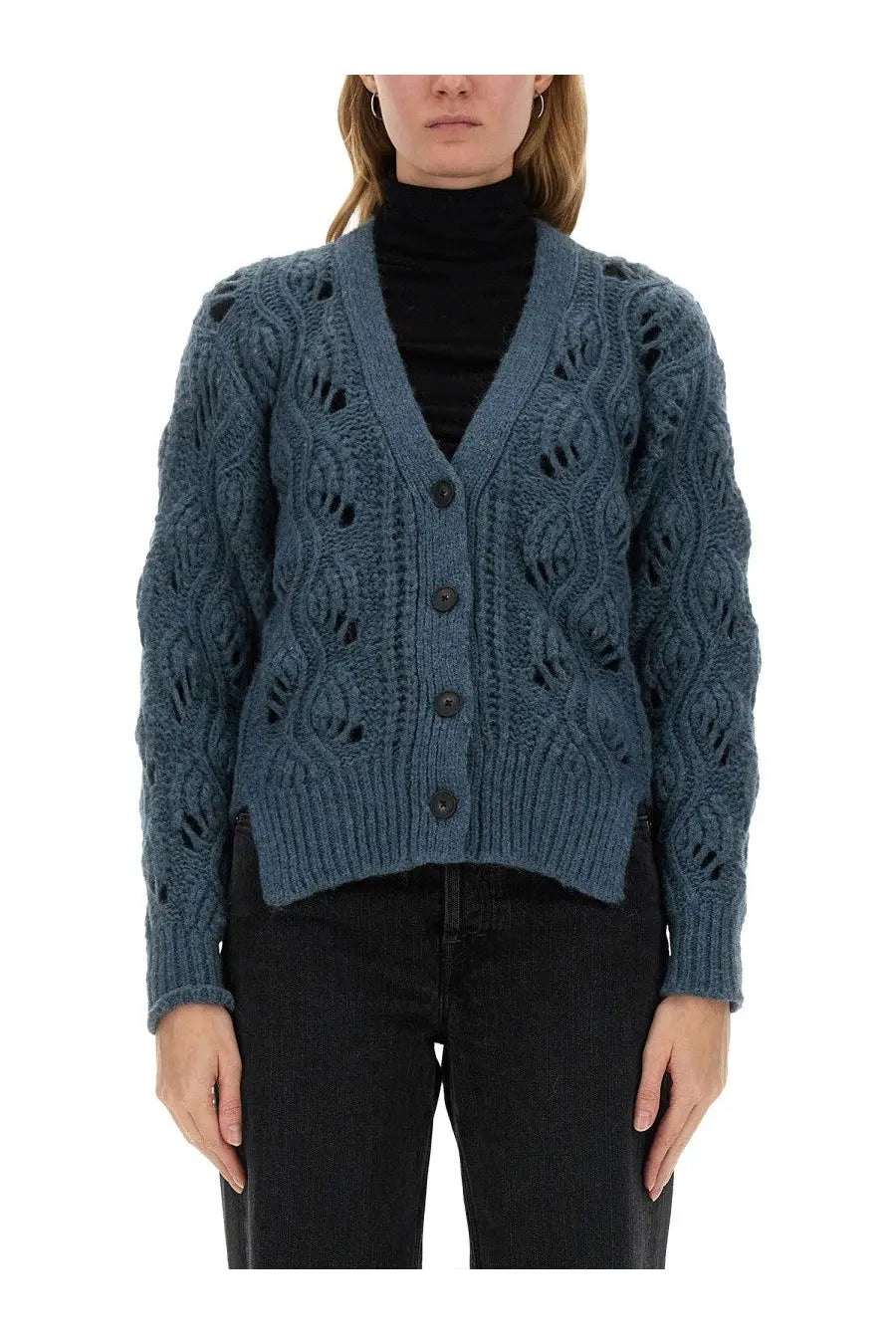 Mila schöN women’s alpaca cardigan in slate blue with textured knitting, intricate cable patterns, and dark buttons