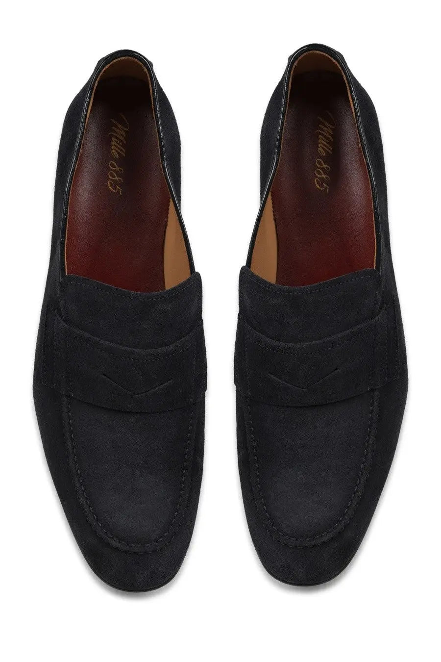 Mille885 men’s mocassino in black suede with classic penny loafer design and contrasting stitching