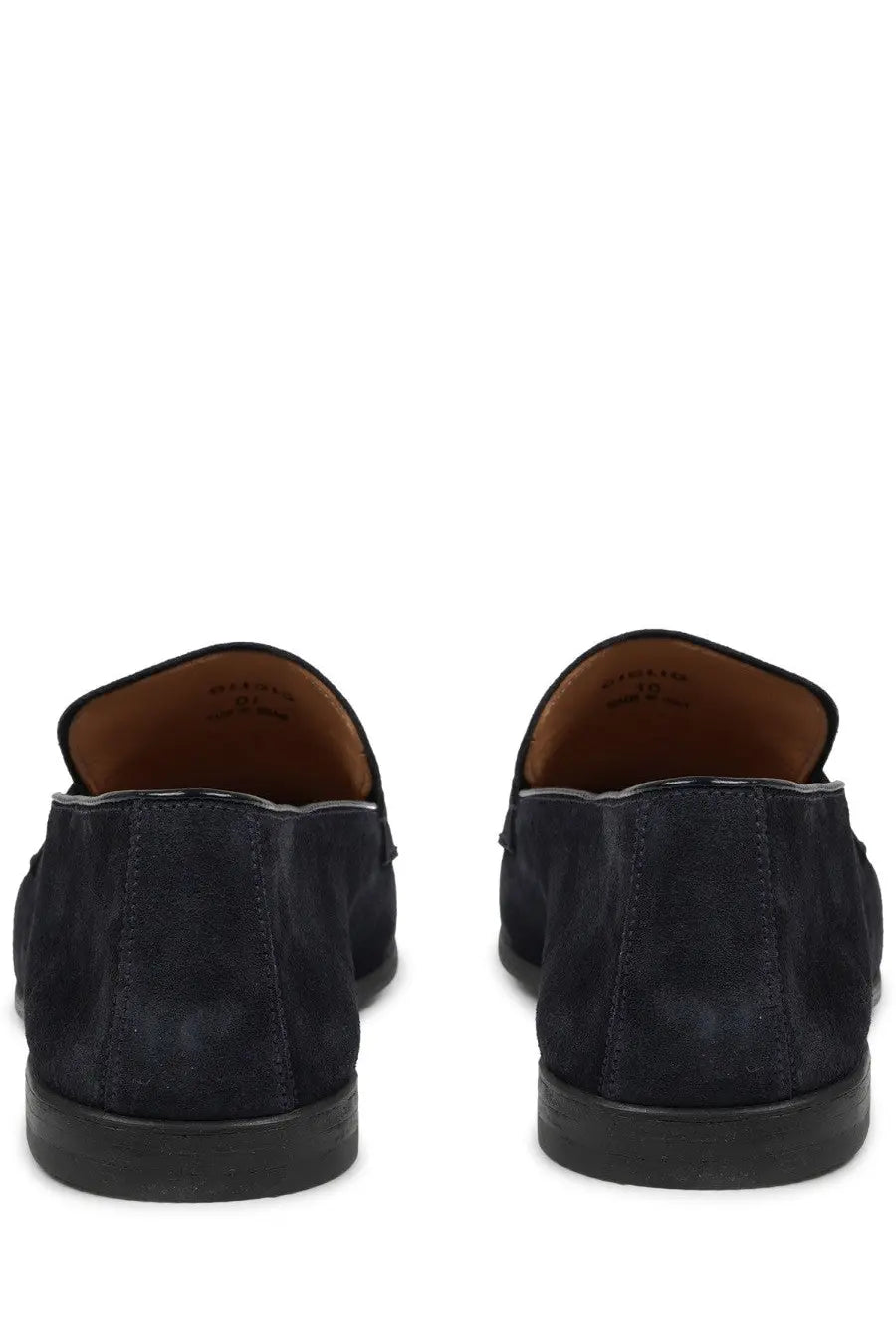 Mille885 men’s mocassino navy blue suede loafers with black rubber soles and tan leather lining front view