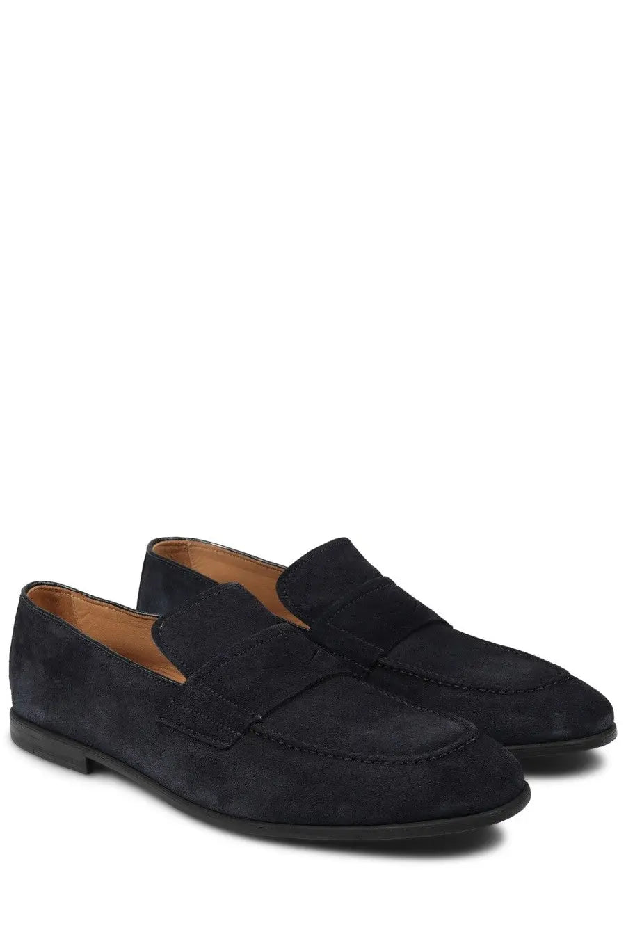 Mille885 men’s mocassino navy blue suede loafers with classic moccasin design and contrasting tan lining