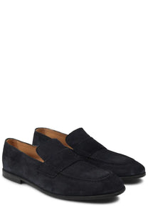Mille885 men’s mocassino navy blue suede loafers with classic moccasin design and contrasting tan lining