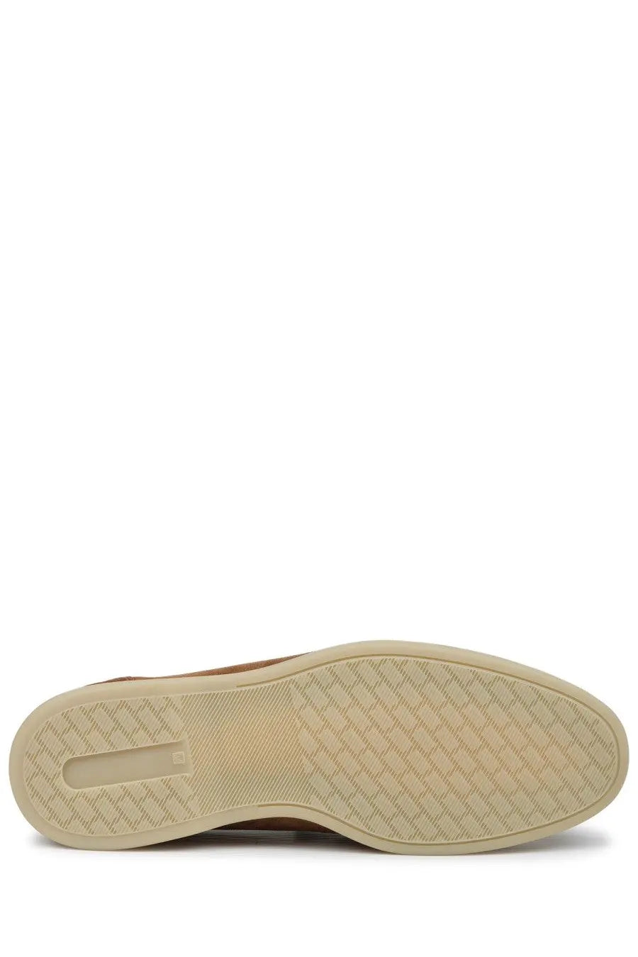 Beige rubber sole with diamond-patterned tread and rectangular cutout on the heel of mille885 men’s suede brown mocassino