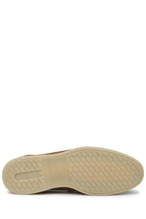Beige rubber sole with diamond-patterned tread and rectangular cutout on the heel of mille885 men’s suede brown mocassino