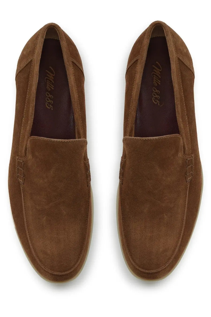 Mille885 men’s mocassino brown suede loafers with classic slip-on design and subtle stitching details