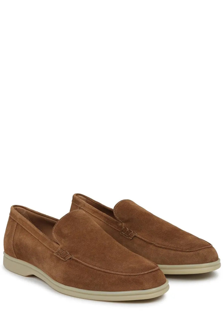 Mille885 men’s mocassino tan suede loafers with light beige rubber sole for casual and formal wear