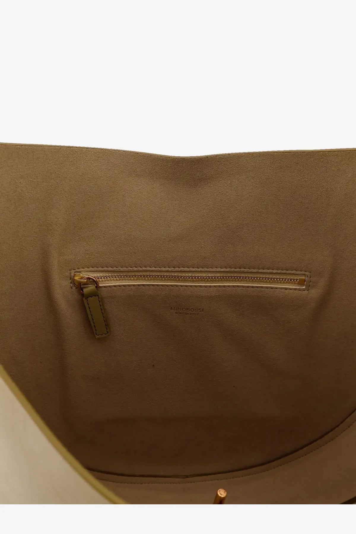 Beige suede interior of michael kors handbag with gold-tone zipper and logo in minobossi women’s green leather crossbody bag