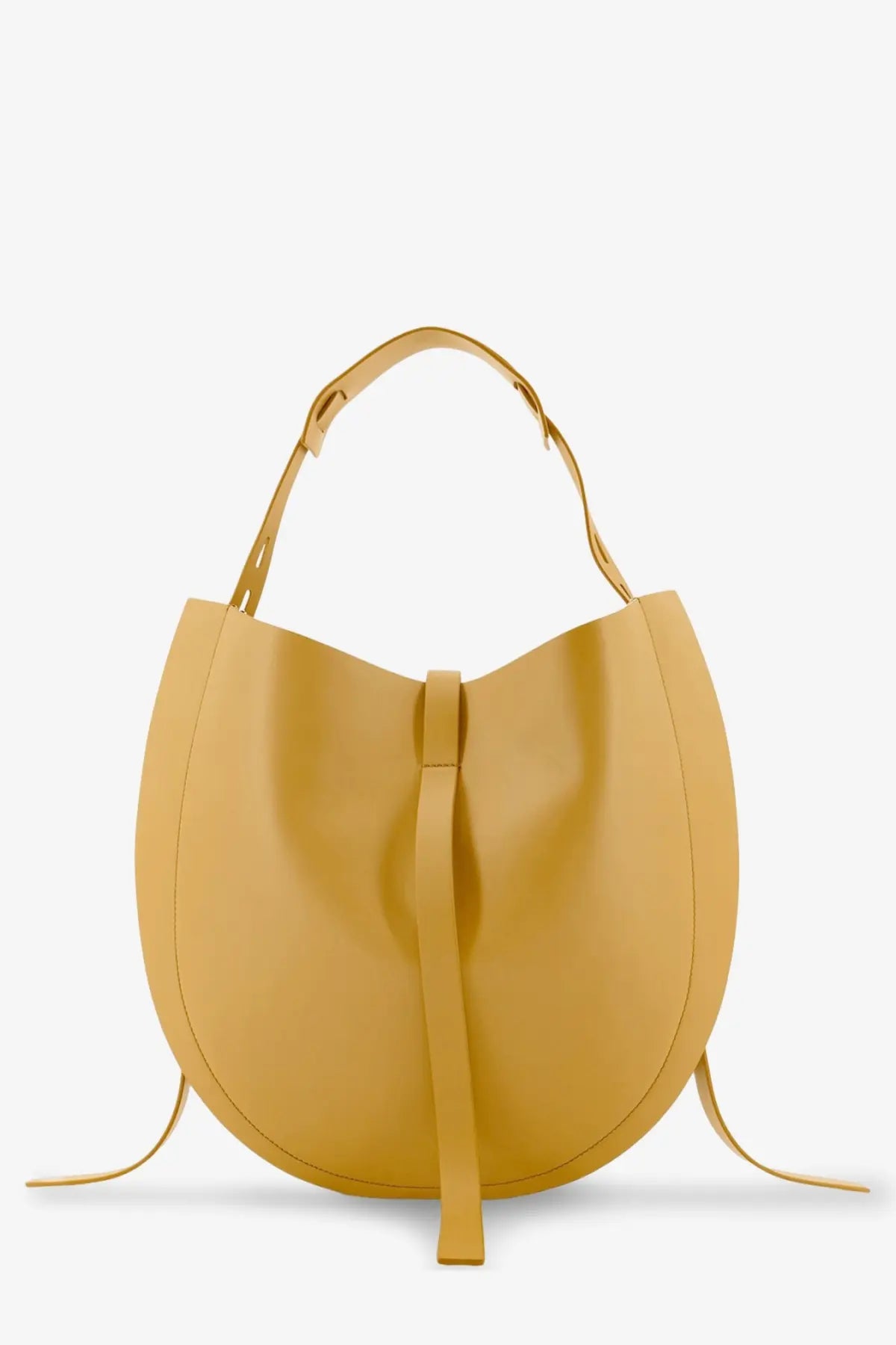 A sleek mustard-yellow leather Minobossi women’s Liz crossbody bag with minimalist design and matching shoulder strap