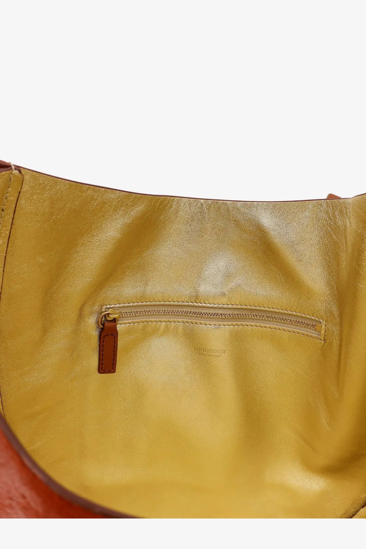 Minobossi women’s liz pony skin shoulder bag beige mustard yellow leather with small zippered pocket and brown pull
