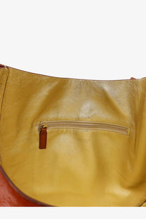 Minobossi women’s liz pony skin shoulder bag beige mustard yellow leather with small zippered pocket and brown pull