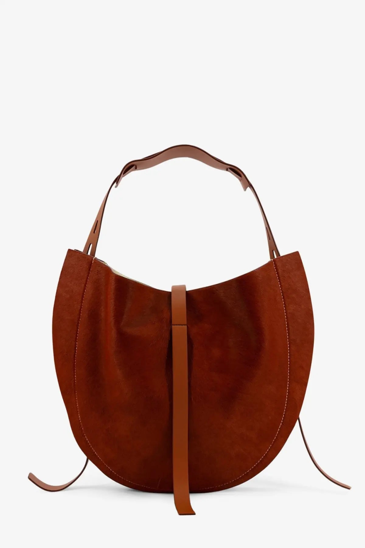 Minobossi women’s liz pony skin shoulder bag beige with rich brown suede, matching leather strap, and central tie closure