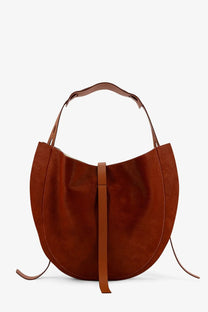 Minobossi women’s liz pony skin shoulder bag beige with rich brown suede, matching leather strap, and central tie closure