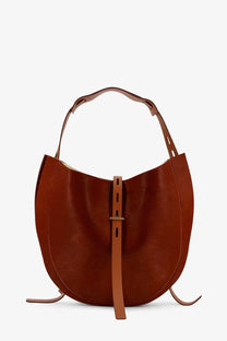 A sleek caramel-brown leather hobo bag with adjustable shoulder straps from Minobossi Liz Pony Skin collection