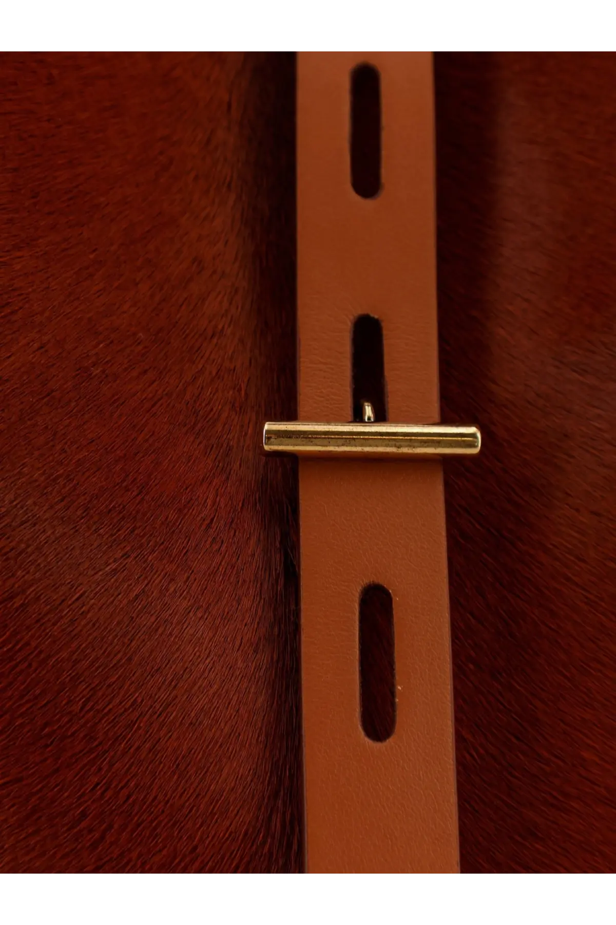 Tan leather belt with gold tone bar buckle paired with minobossi women’s liz pony skin shoulder bag beige