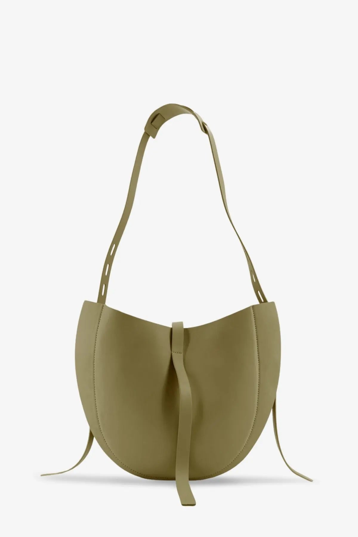 Minobossi women’s lizzie leather crossbody bag in olive green with curved minimalist design and adjustable shoulder strap