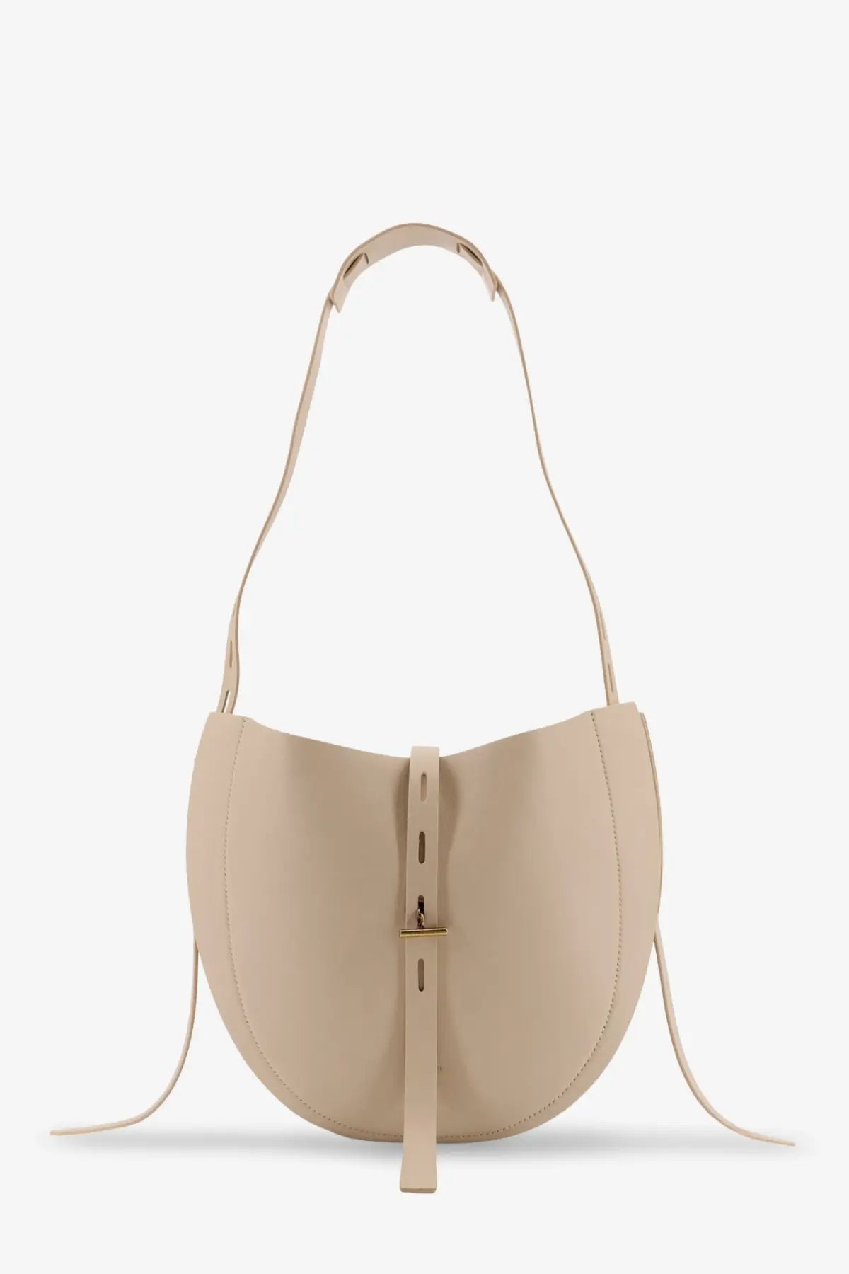 Minobossi women’s Lizzie beige leather crossbody bag with minimalist design and gold-tone buckle closure