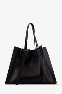 Minobossi women’s Paula black leather tote bag with gold-tone hardware and dual top handles