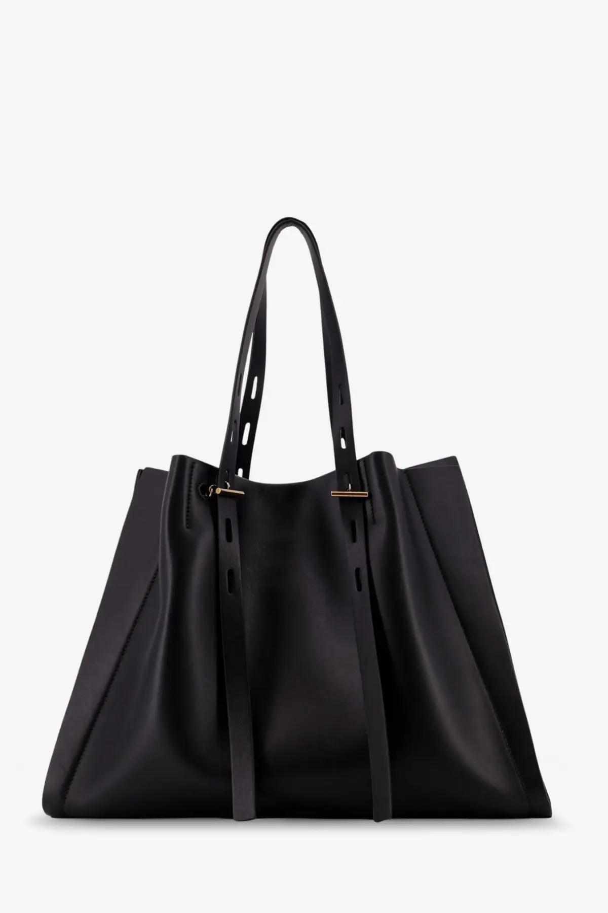 Minobossi womens Paula black leather tote bag with gold-tone hardware and structured slanted handles