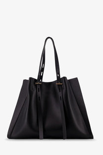 Minobossi womens Paula black leather tote bag with gold-tone hardware and structured slanted handles