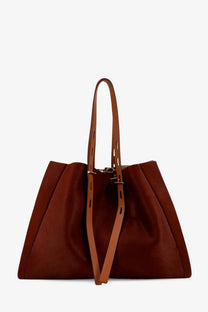 Minobossi women’s paula beige pony skin shoulder bag with brown leather tote handles and silver metal clasp