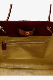 Minobossi women’s paula pony skin shoulder bag beige with gold metallic interior brown leather handle and red fur trim